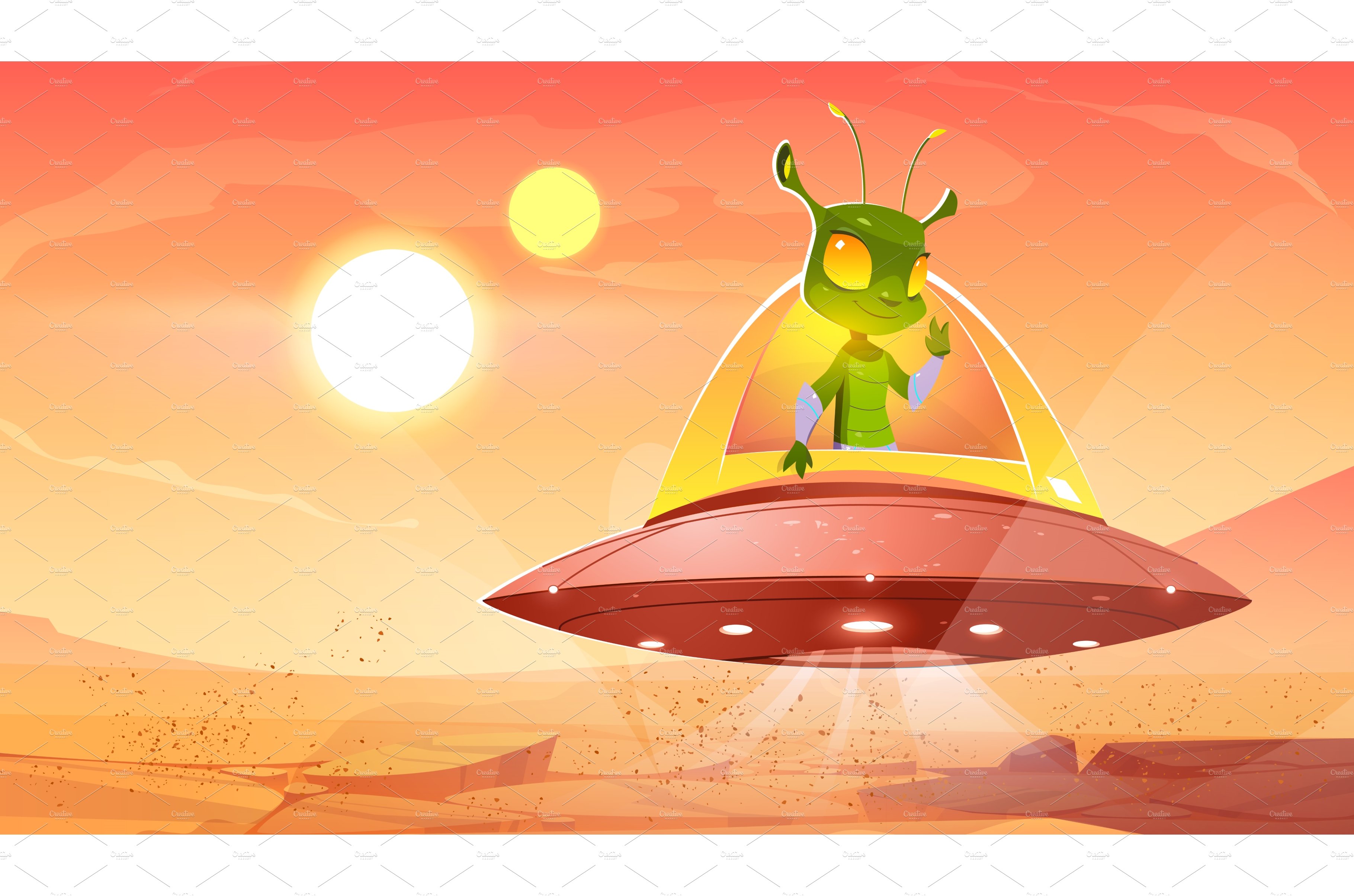 Funny alien in spaceship hover above cover image.