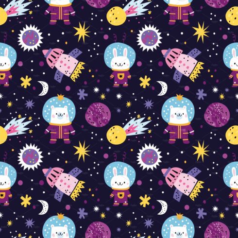 Cute space animals seamless pattern cover image.
