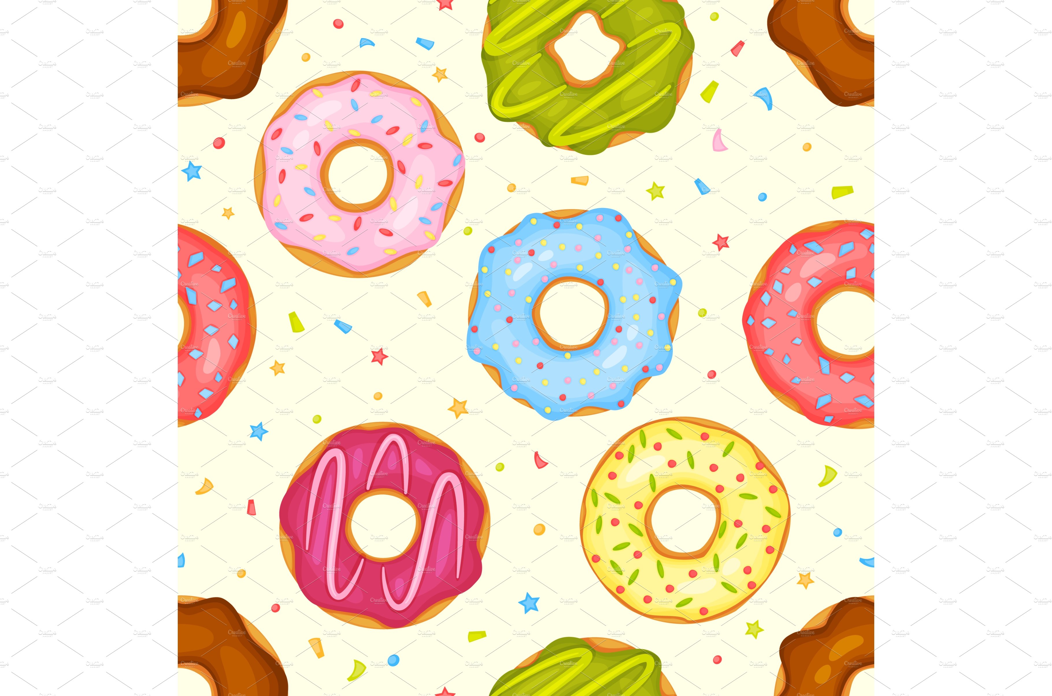 Cartoon cute donuts seamless pattern cover image.