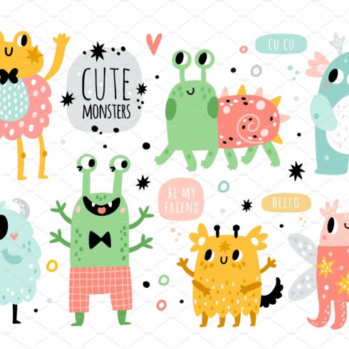 Funny monsters. Cute kids creatures cover image.