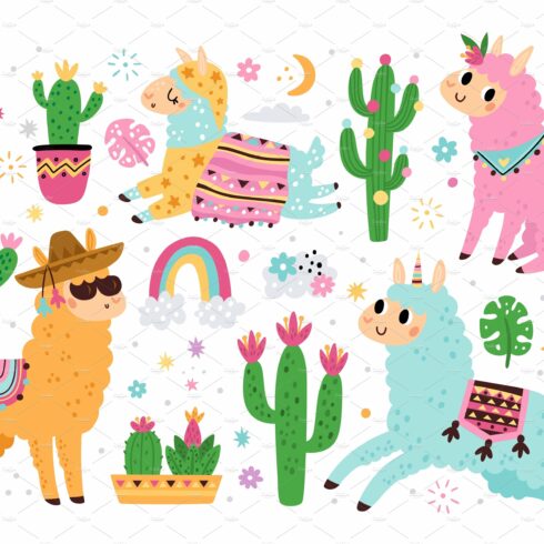 Cute llama elements and cacti. Funny cover image.