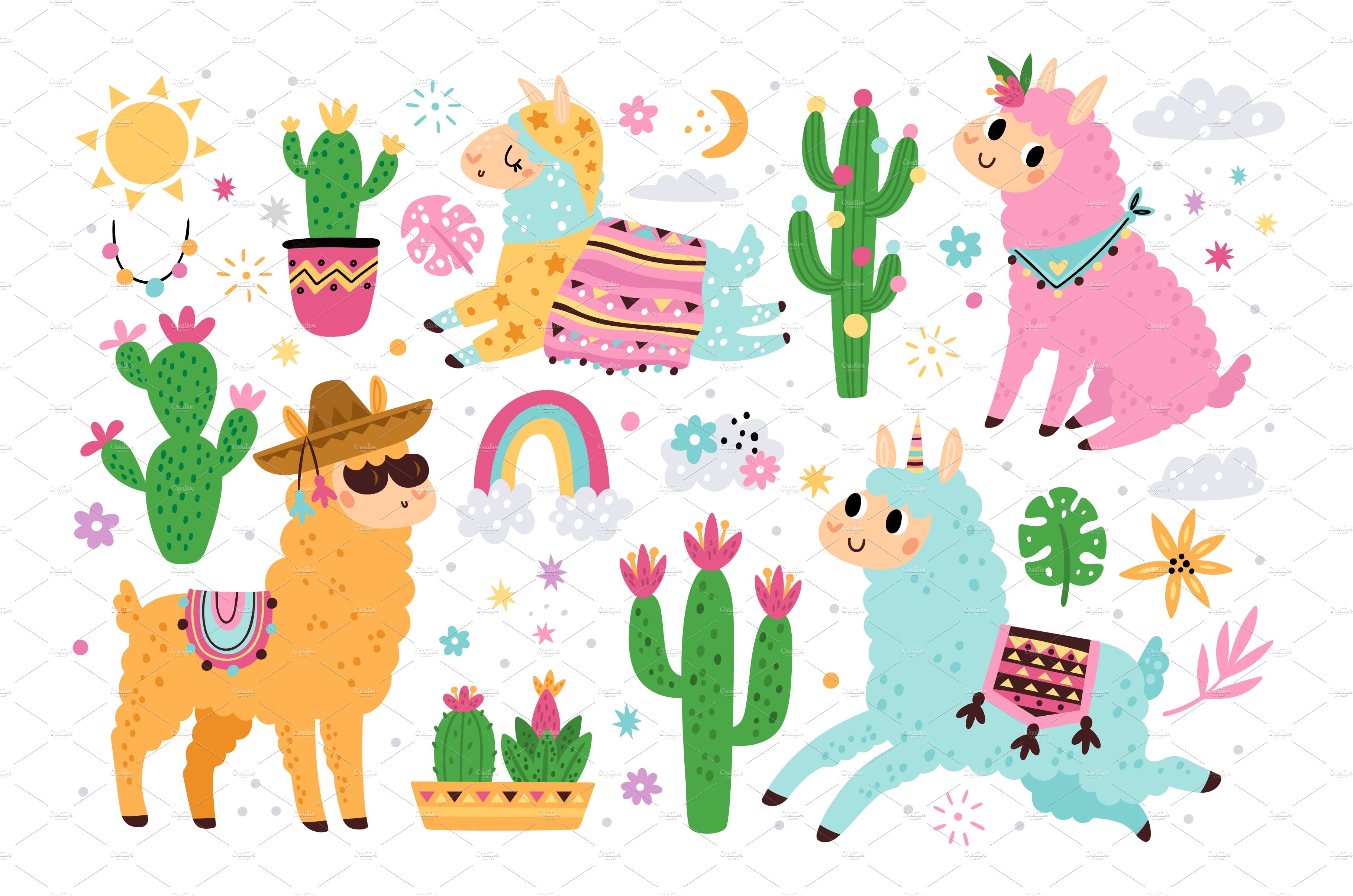 Cute llama elements and cacti. Funny cover image.