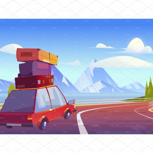 Car with luggage on roof drive on cover image.