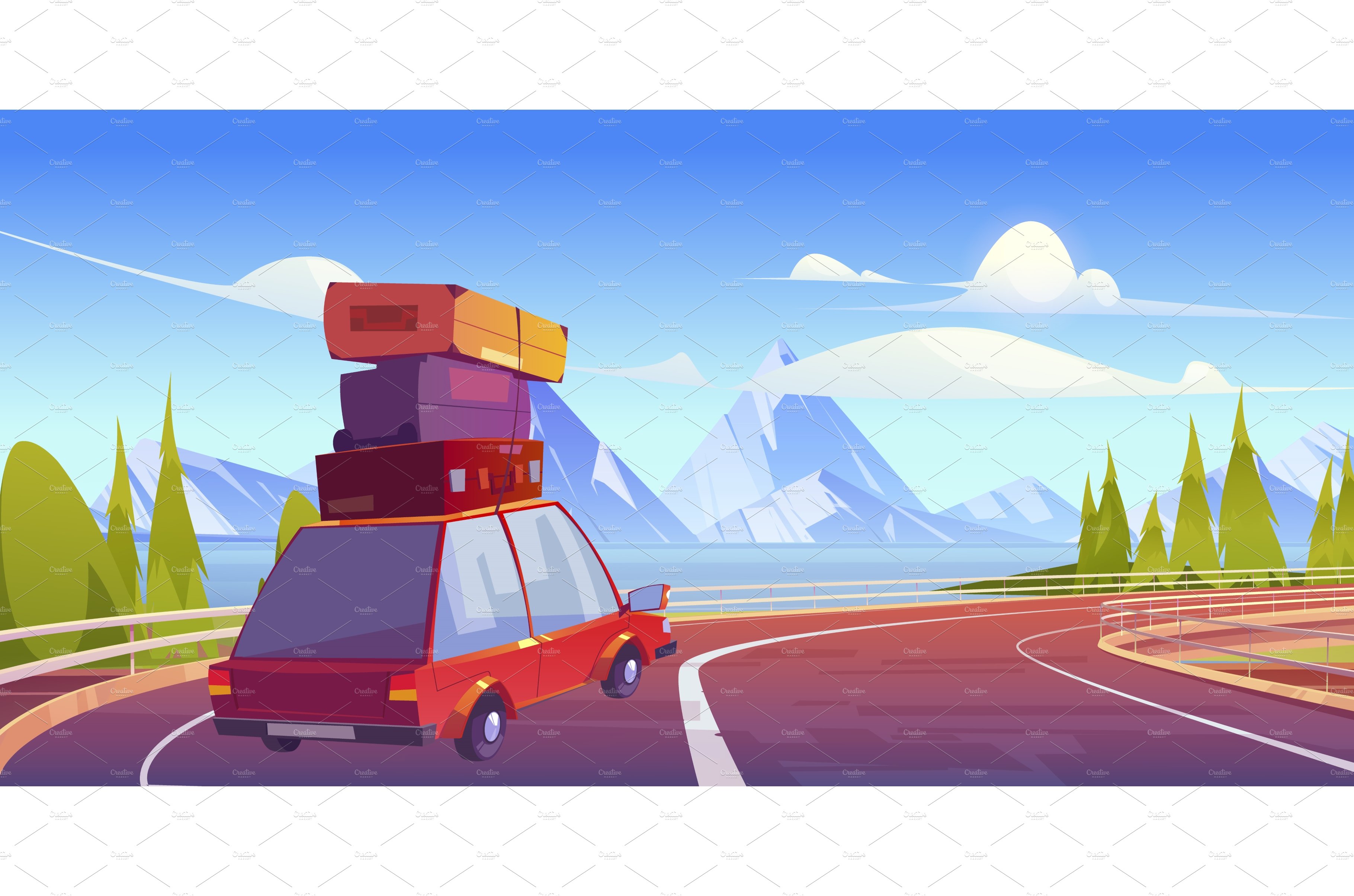 Car with luggage on roof drive on cover image.