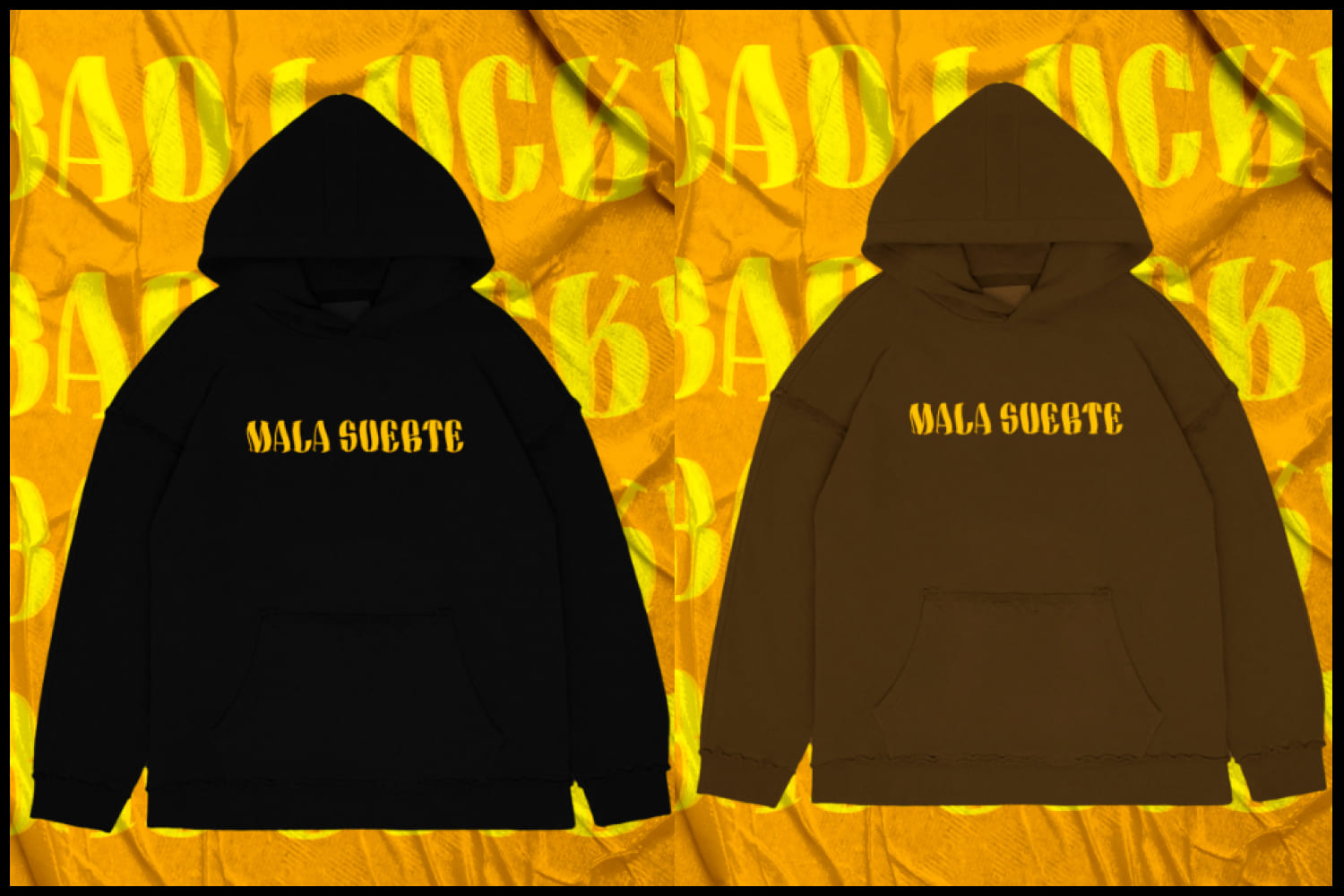 Two black and brown hoodies on a yellow background.