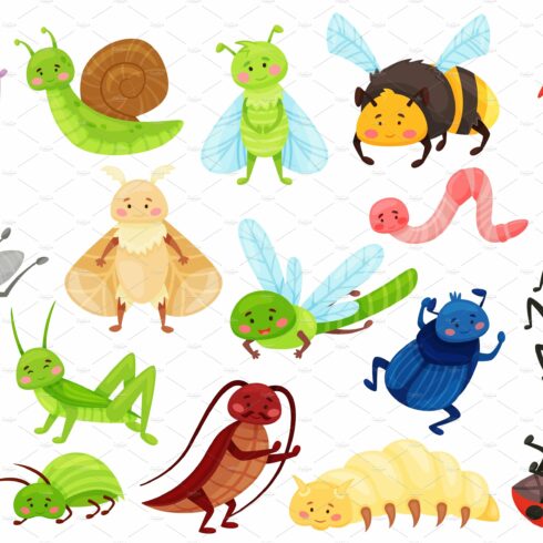 Cartoon insects, cute garden bugs cover image.
