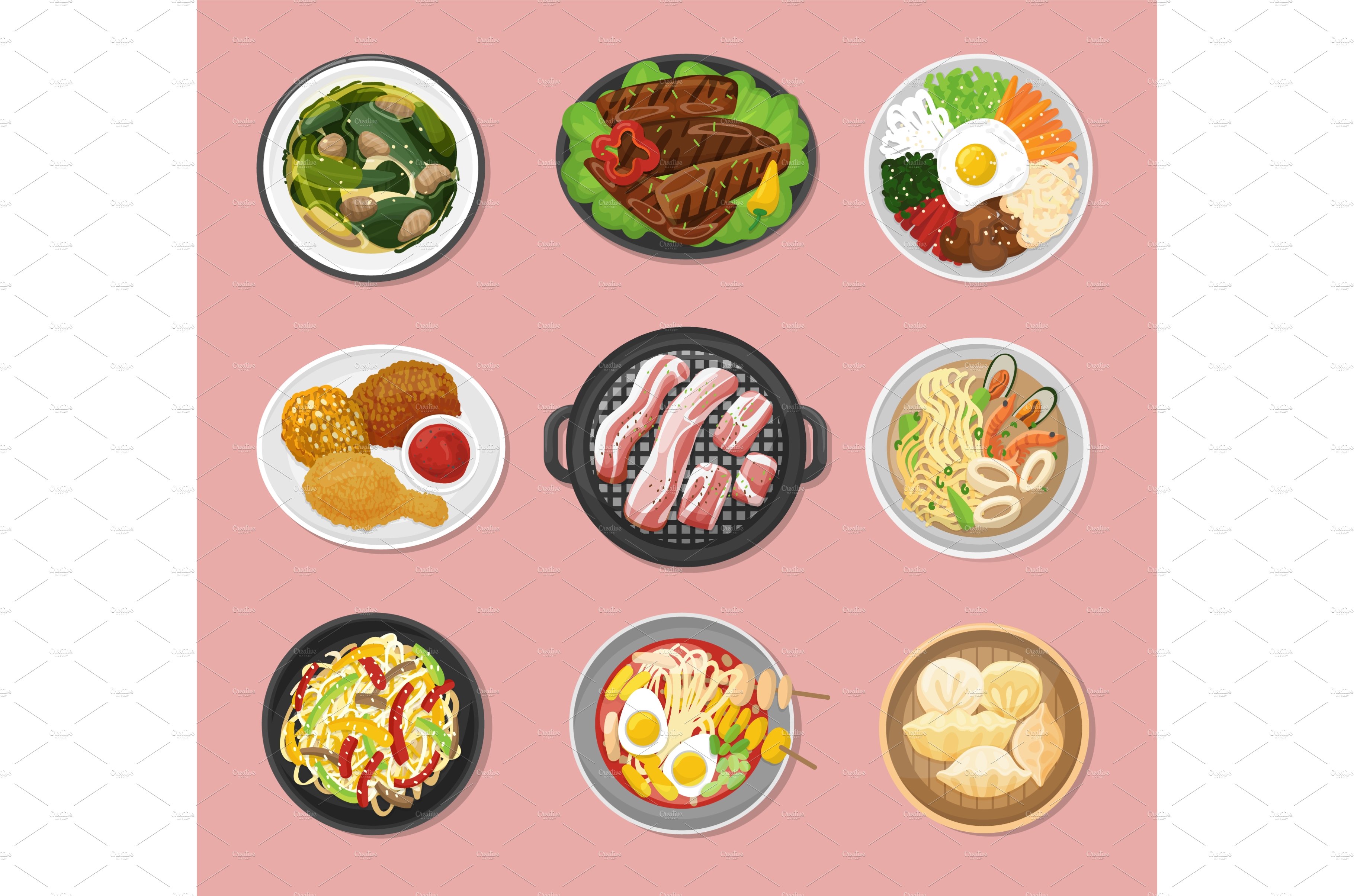 Korean food top view. Vegetarian cover image.