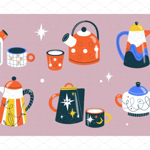 Cups and teapots. Cute patterned cover image.