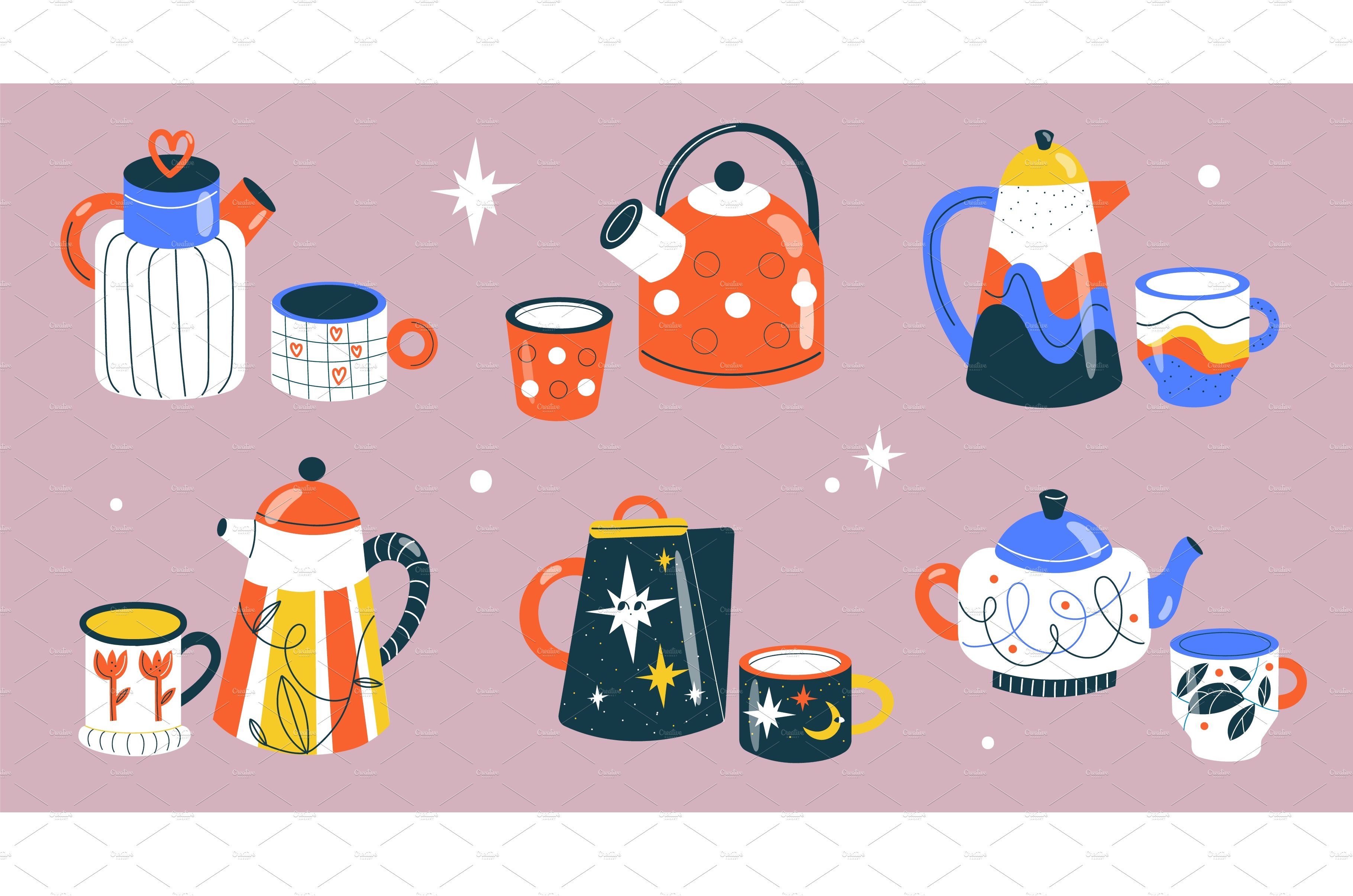 Cups and teapots. Cute patterned cover image.