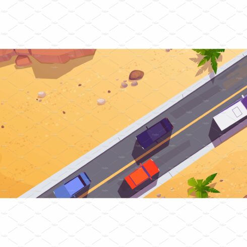 Top view to cars on road in desert cover image.