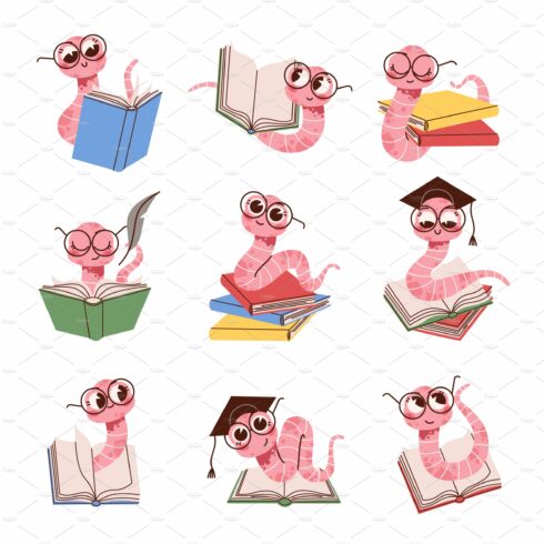 Cartoon book worm. Cute kids cover image.