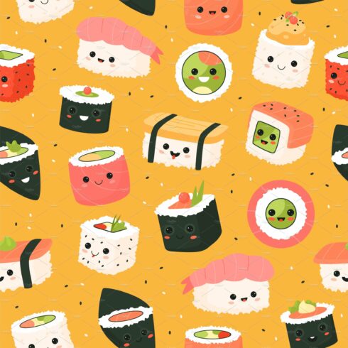 Cute sushi rolls seamless pattern cover image.