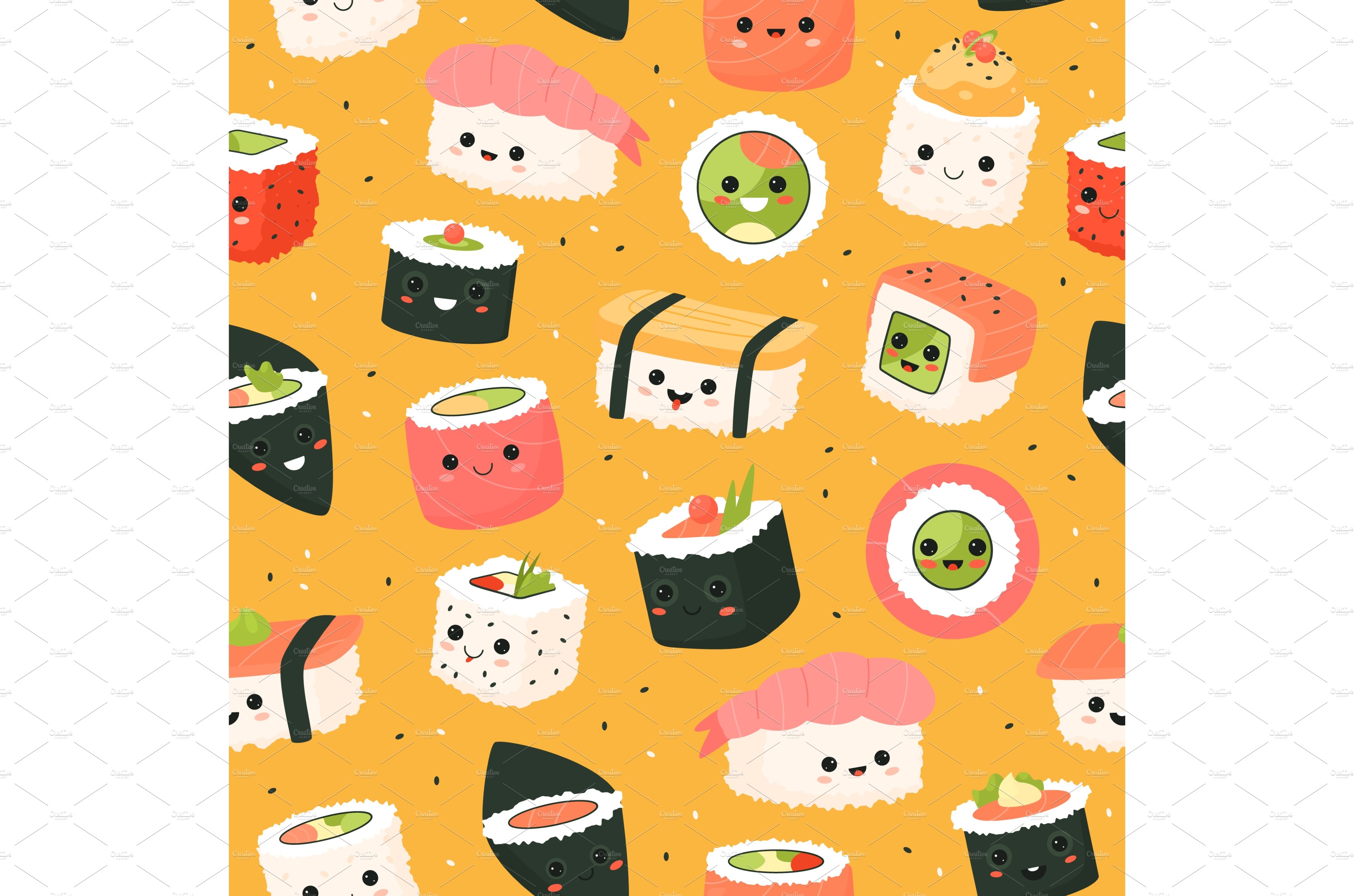 Cute sushi rolls seamless pattern cover image.