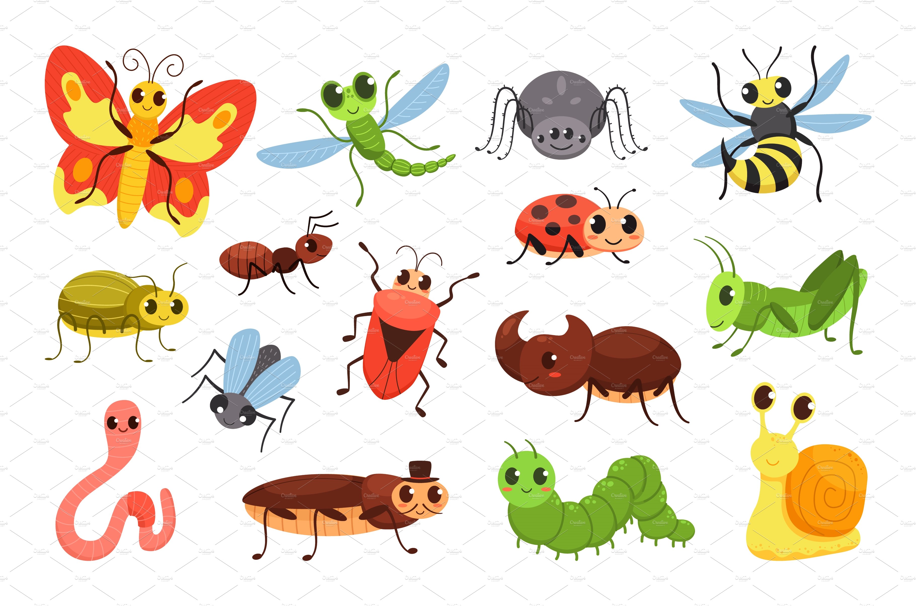 Cartoon insects. Happy bugs, cute cover image.