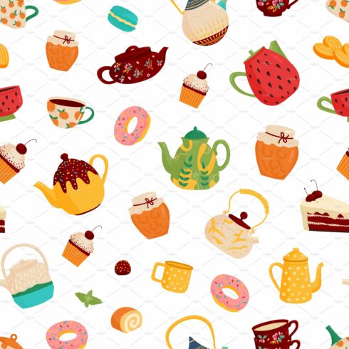 Teapot seamless pattern. Sweets and cover image.