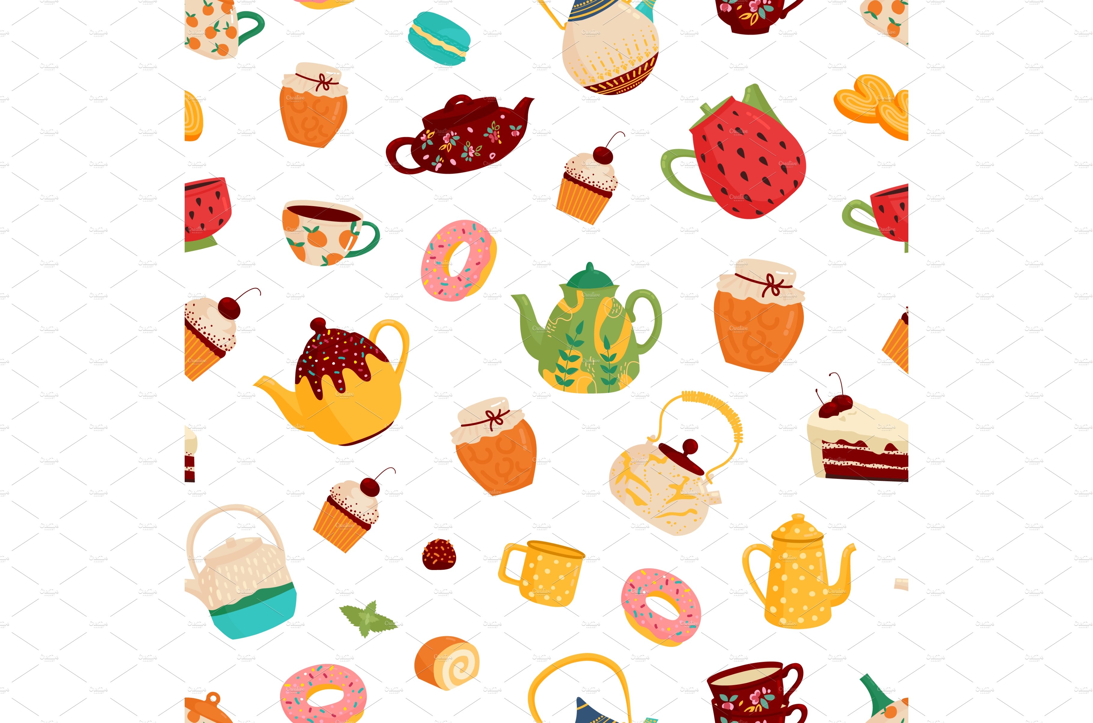 Teapot seamless pattern. Sweets and cover image.