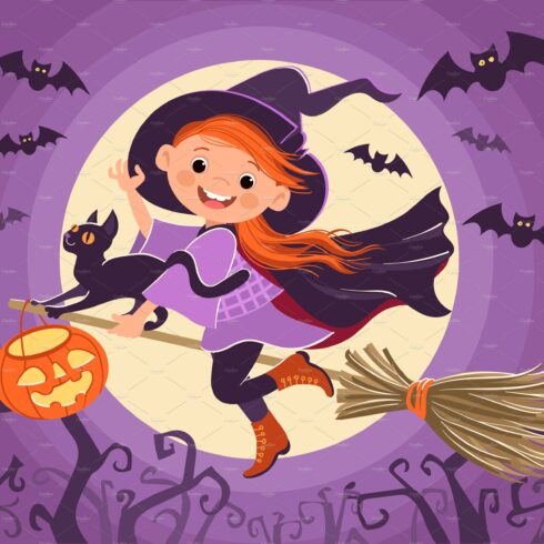 Little Halloween witch. Girl flying cover image.