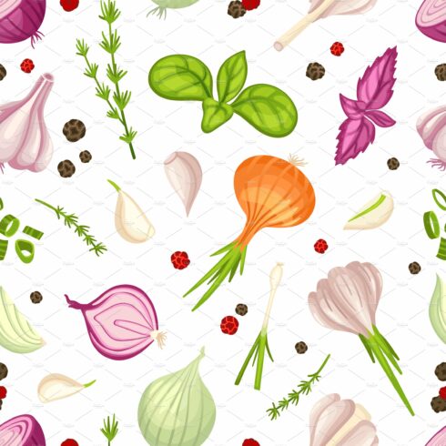 Culinary raw herbs, onion and garlic cover image.