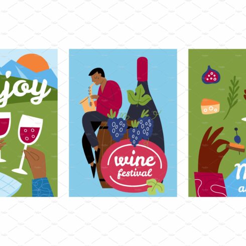 Cartoon wine cards. Picnic on nature cover image.