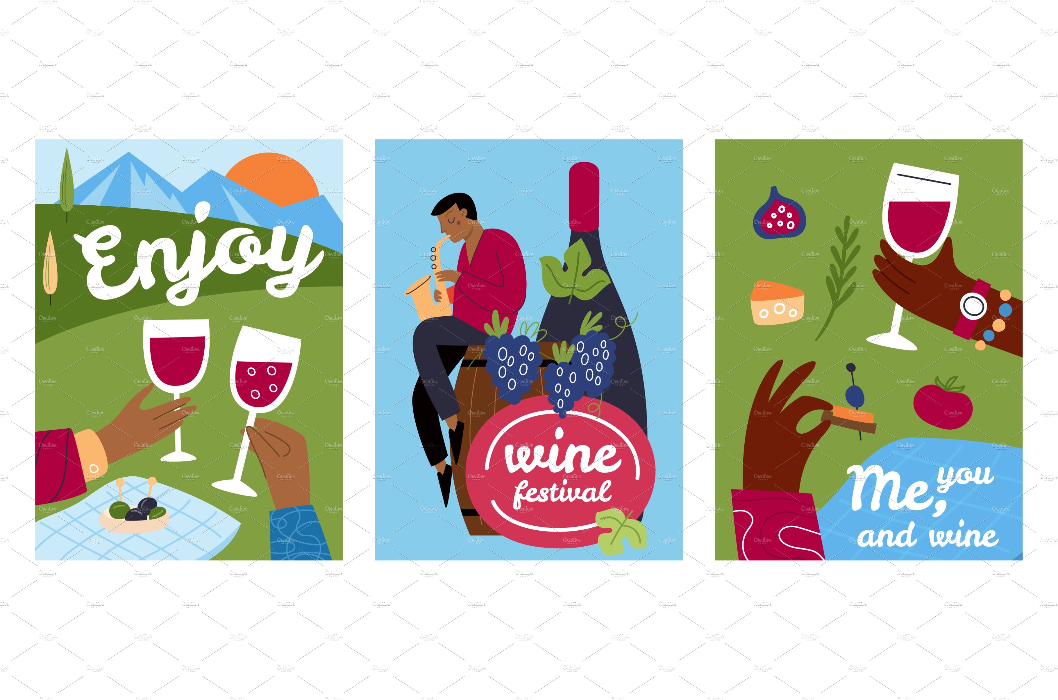 Cartoon wine cards. Picnic on nature cover image.