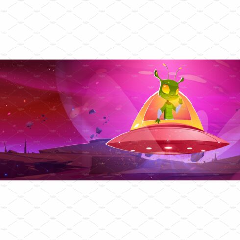 Cute alien in spaceship hover above cover image.