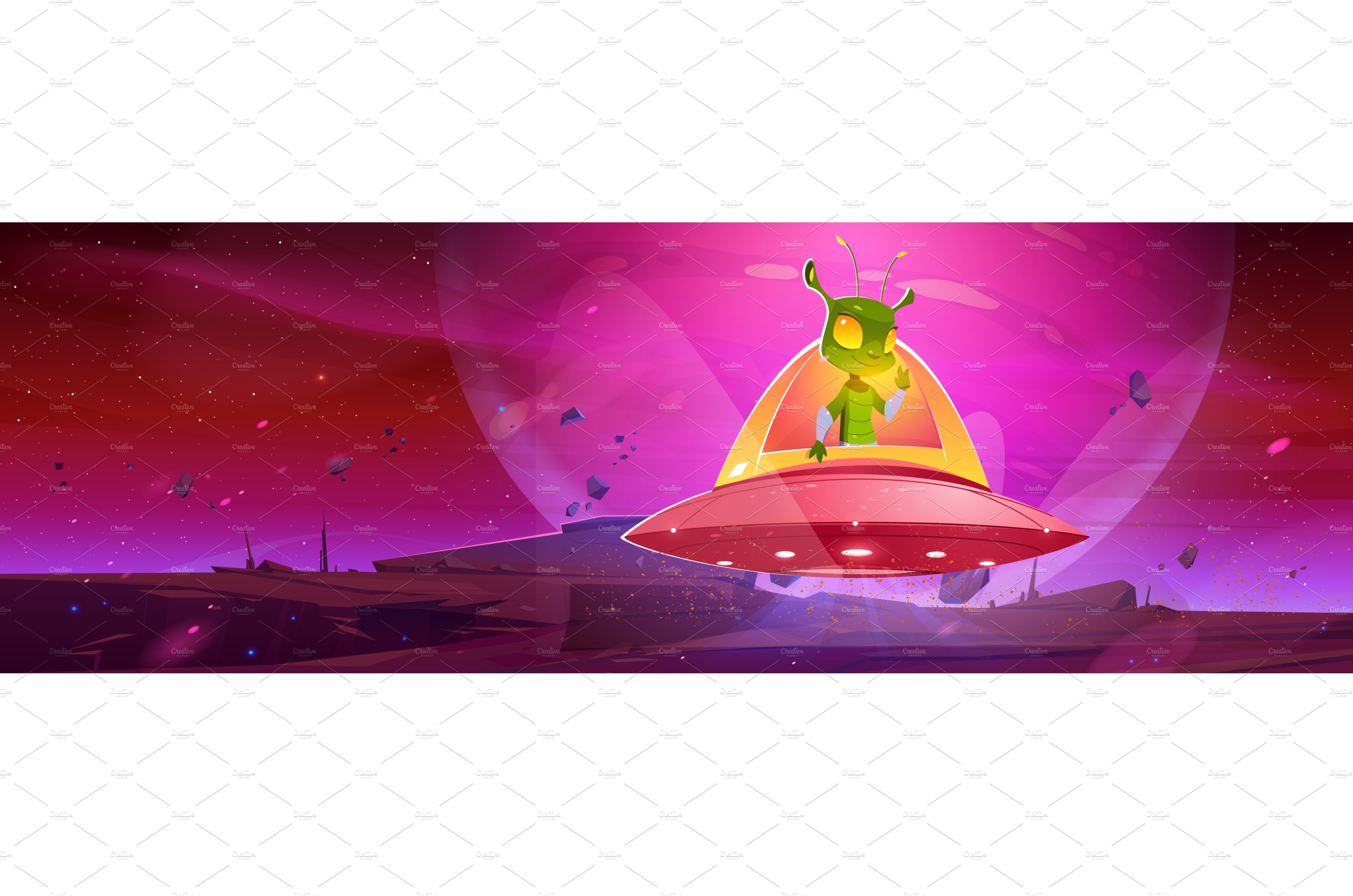 Cute alien in spaceship hover above cover image.