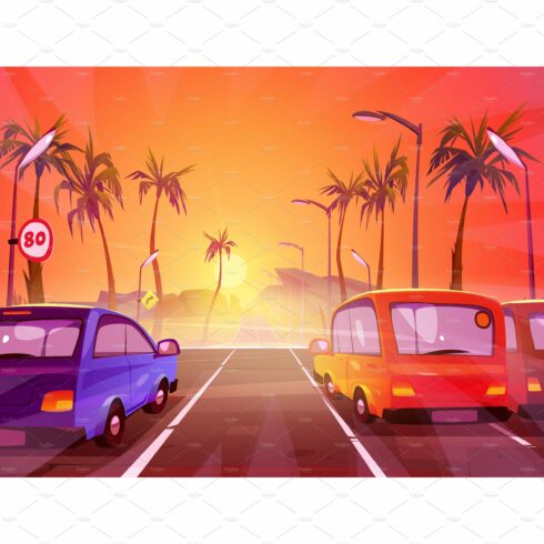 Cars driving at highway on tropical cover image.