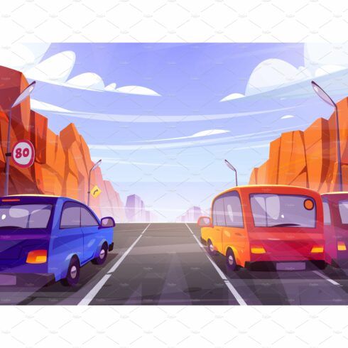 Cars driving road with cartoon rocky cover image.