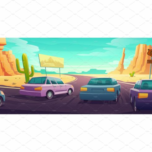Desert landscape with cars drive on cover image.