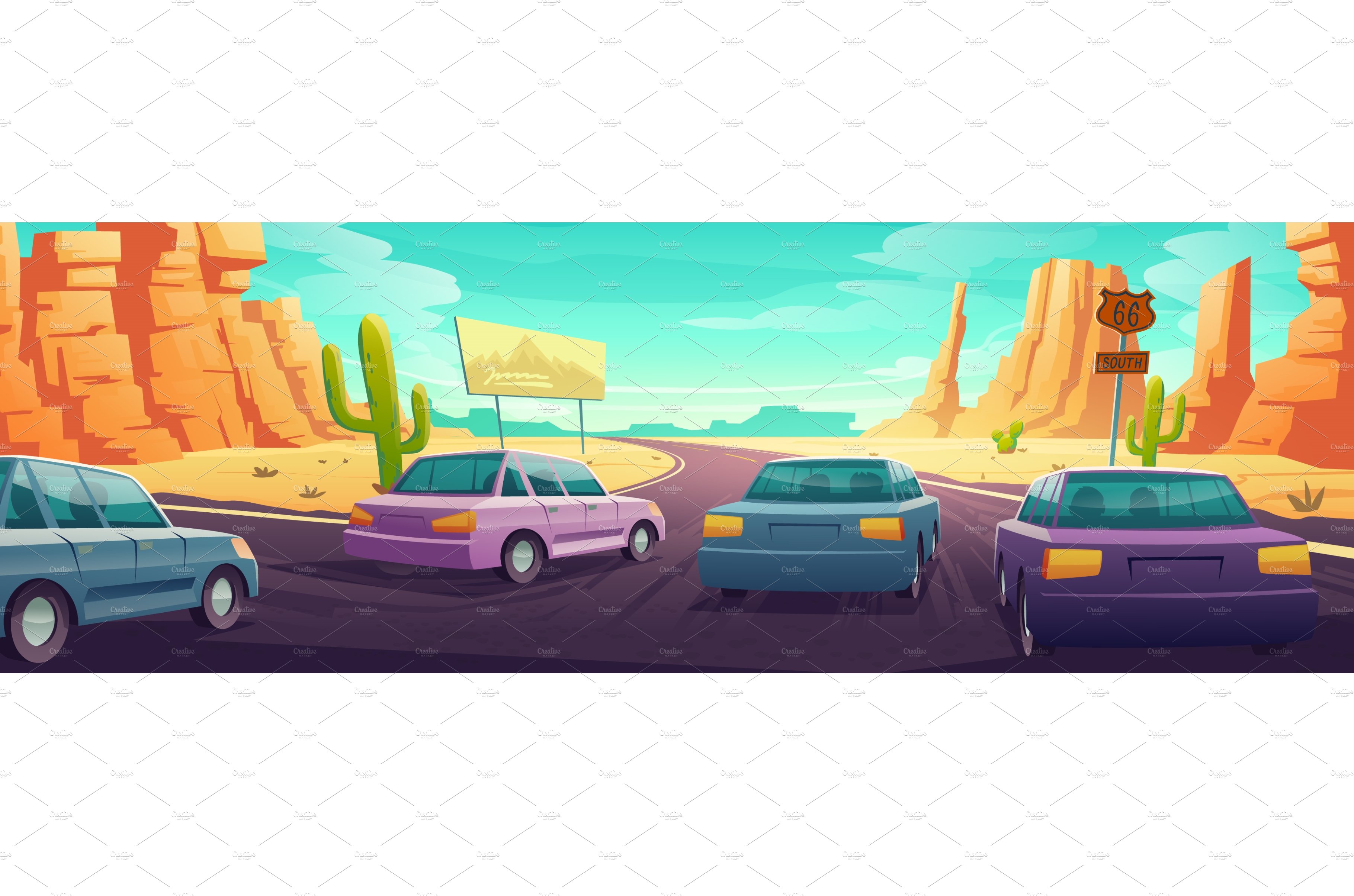 Desert landscape with cars drive on cover image.