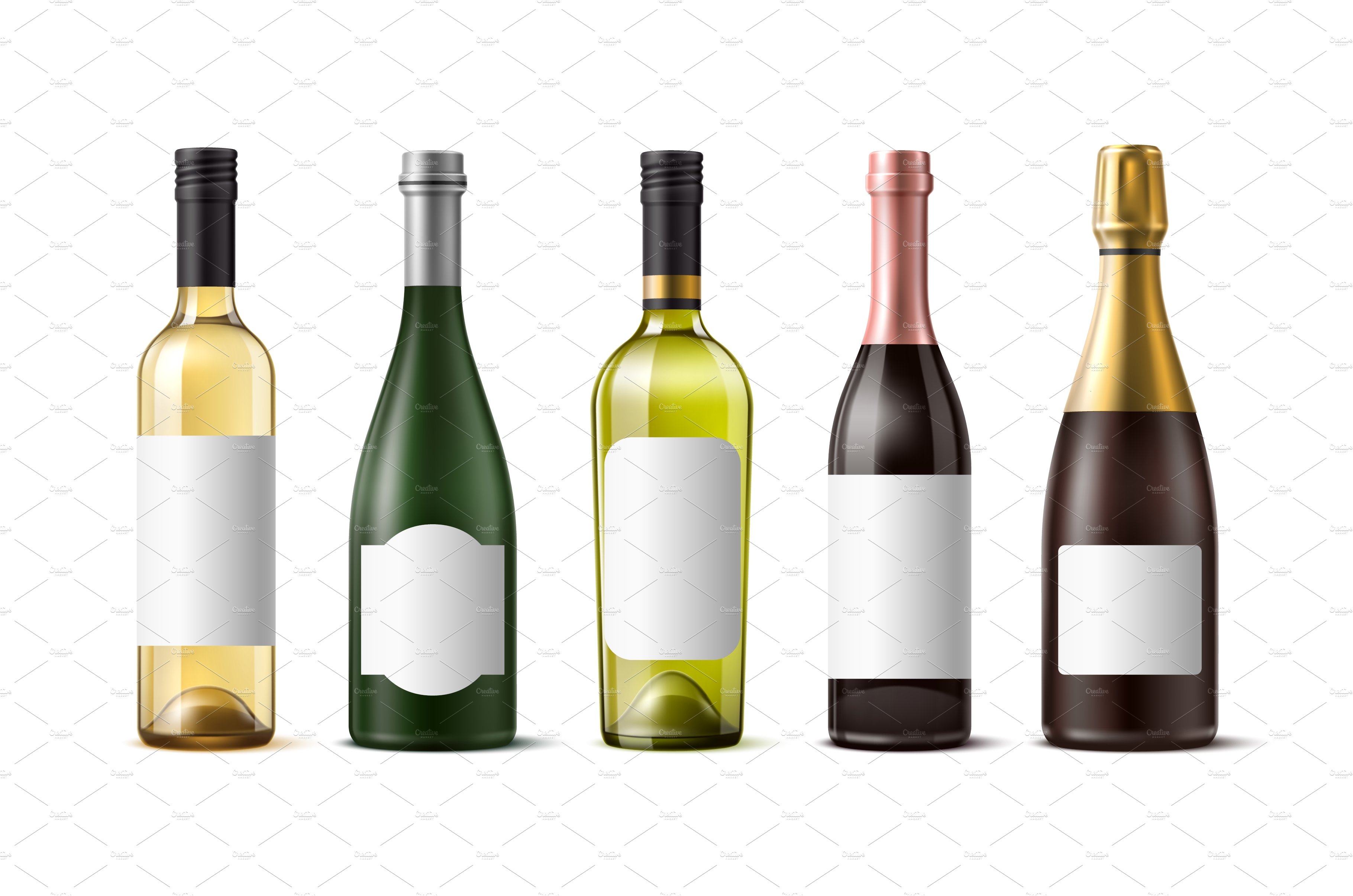 Realistic wine bottles. 3d isolated cover image.