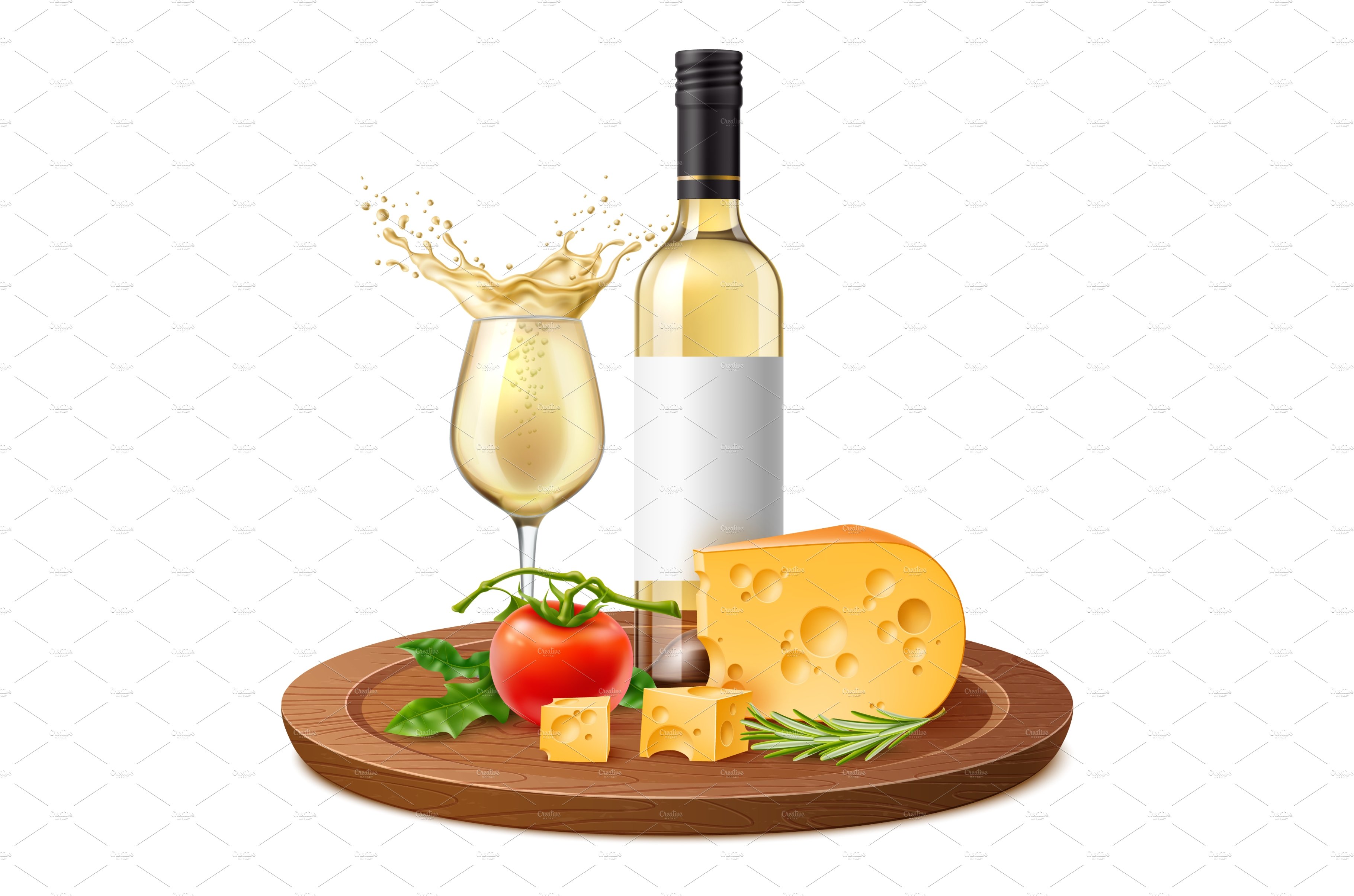 Realistic white wine and cheese cover image.