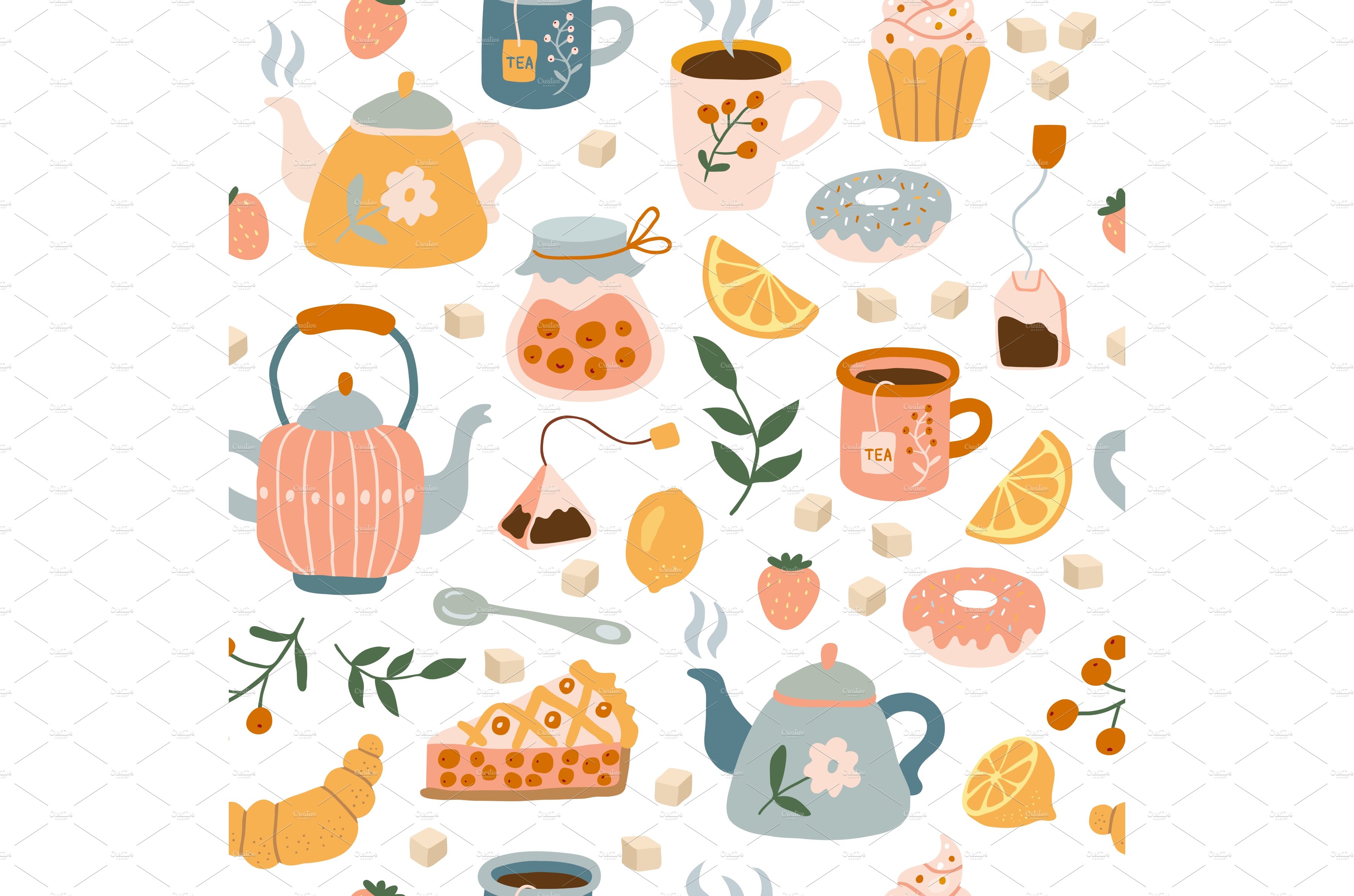 Utensils pattern. Tea time cozy cover image.