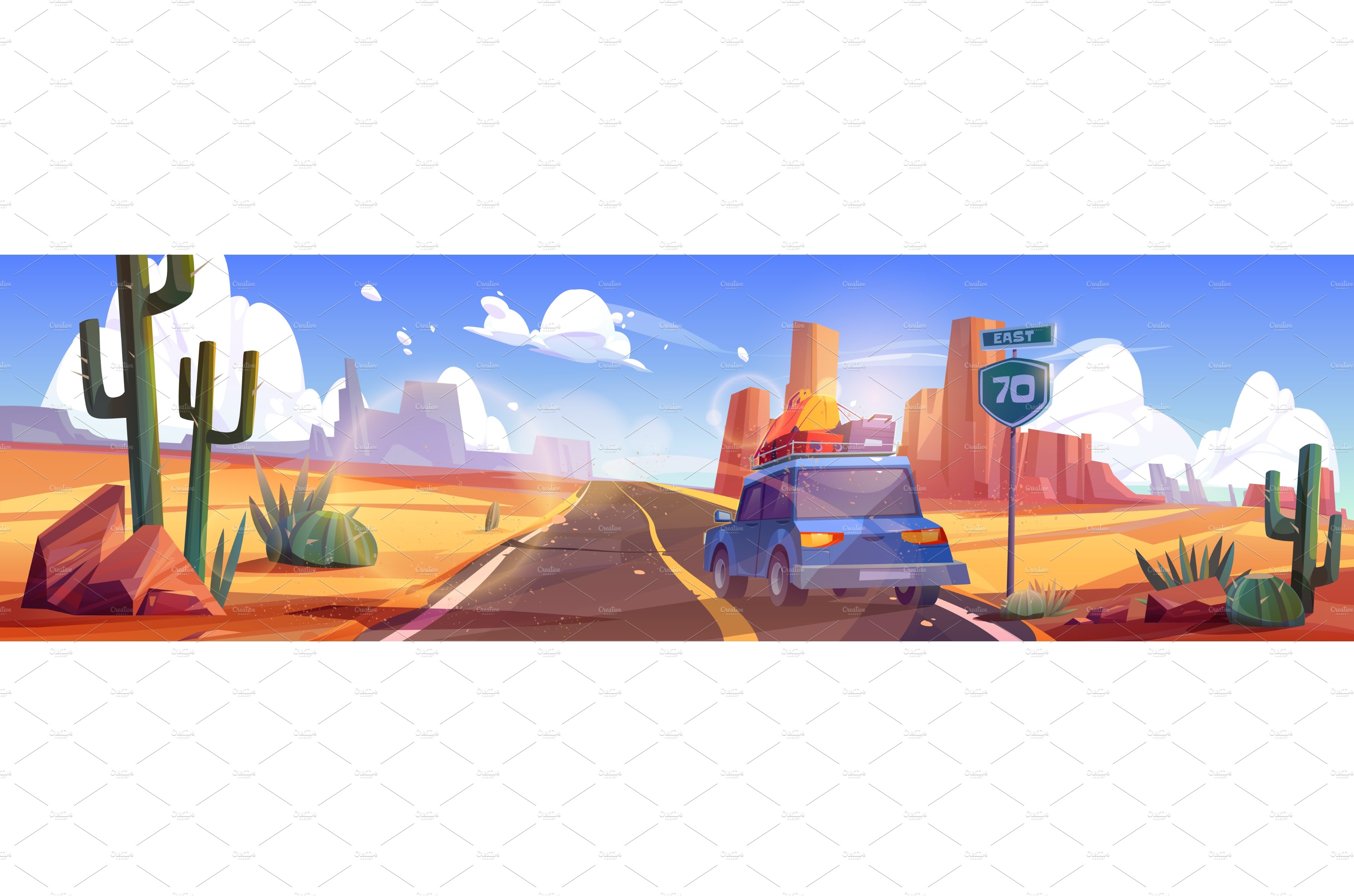 Road trip, car driving desert cover image.