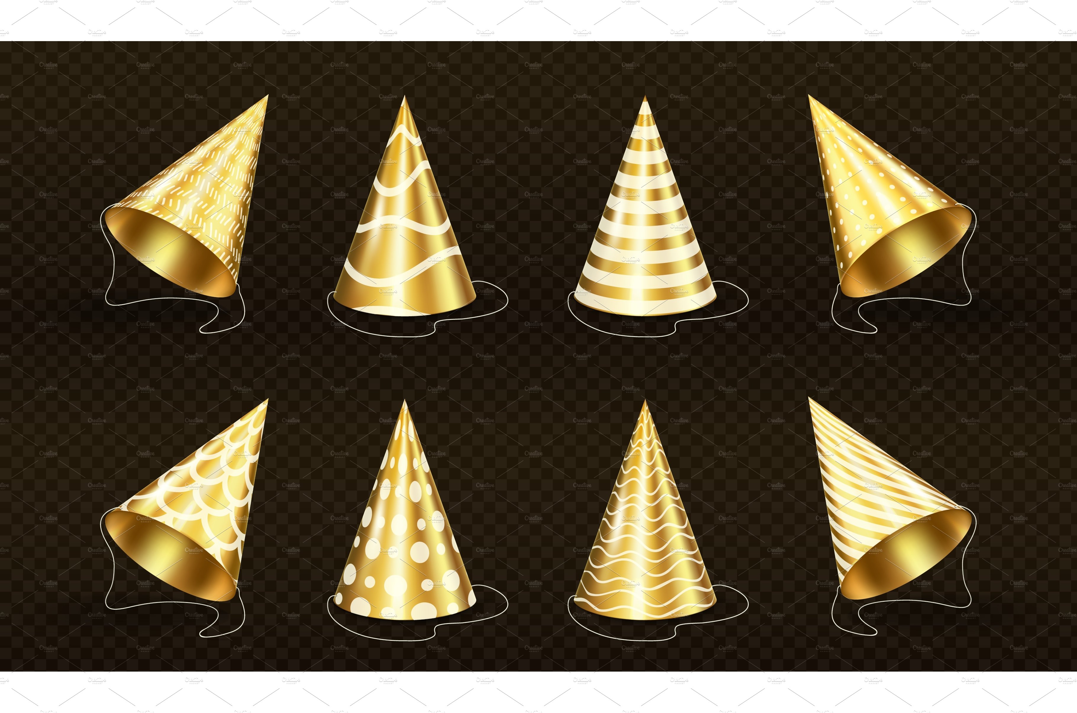 Golden party hats with patterns cover image.