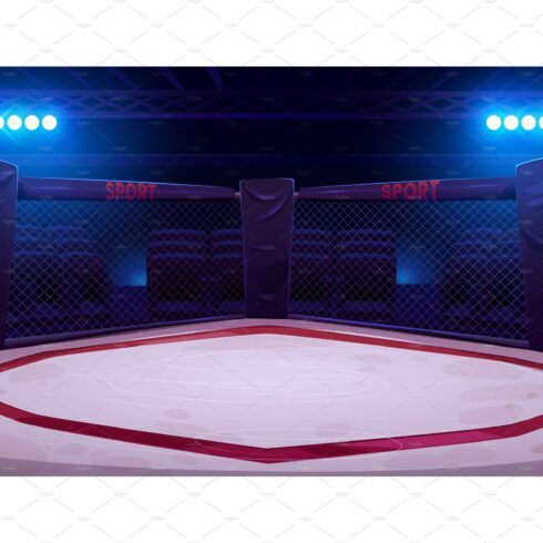 Empty illuminated boxing ring with cover image.