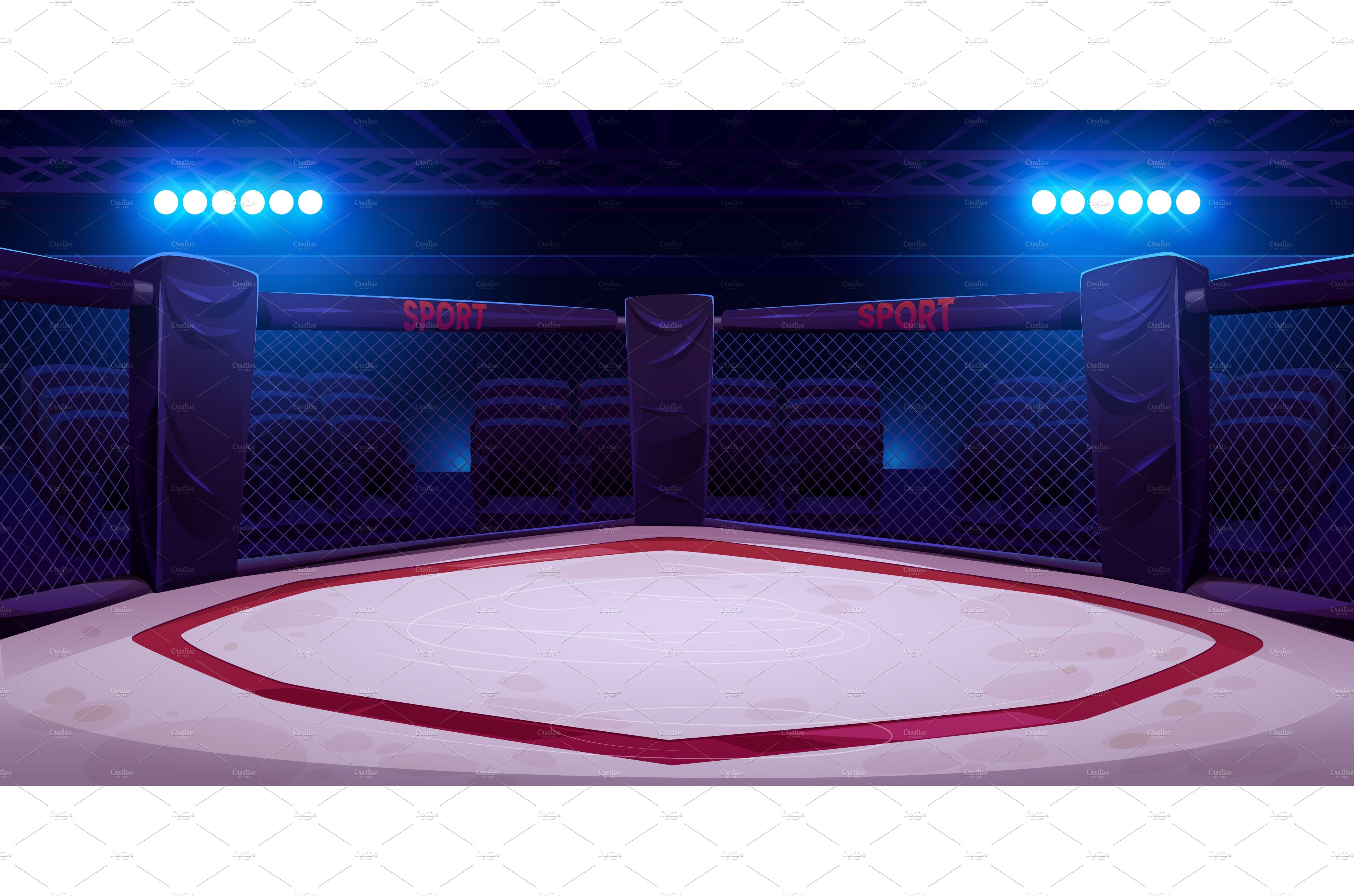 Empty illuminated boxing ring with cover image.