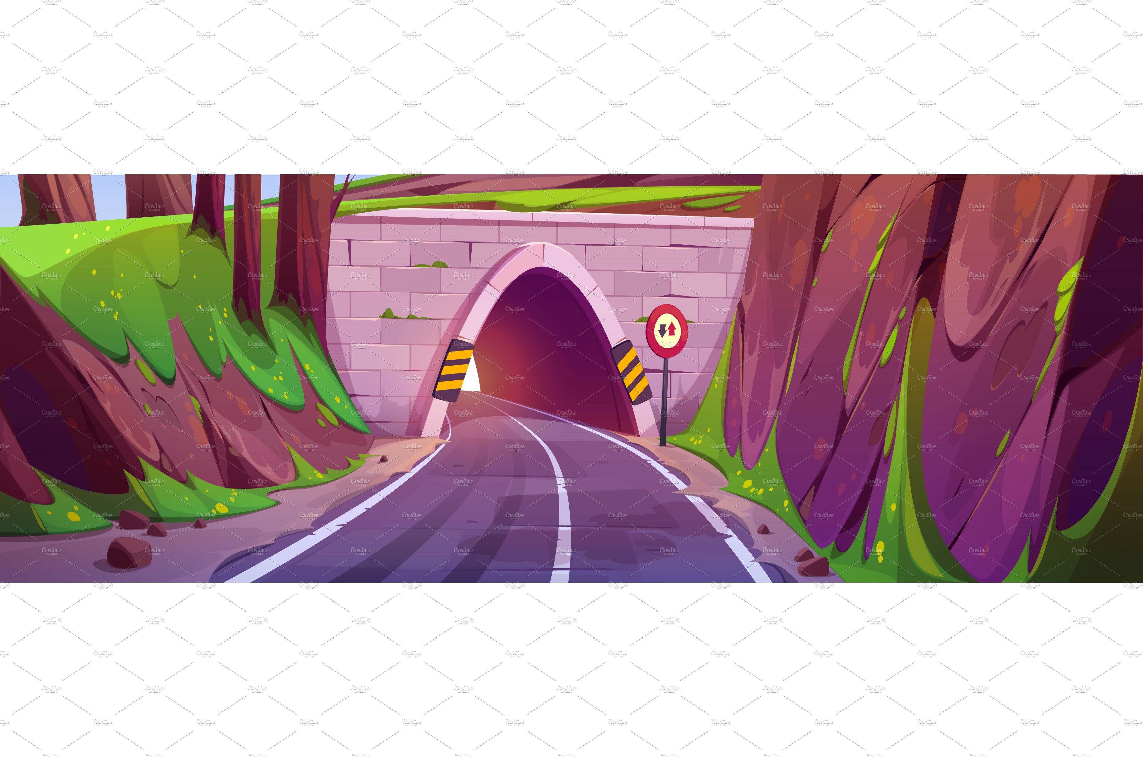 Cartoon road going through tunnel in cover image.