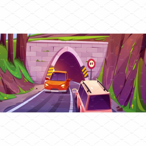 Vector tunnel road in mountain cover image.