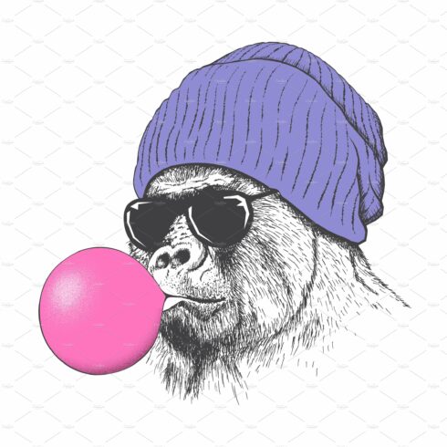 Serious gorilla and bubblegum vector cover image.