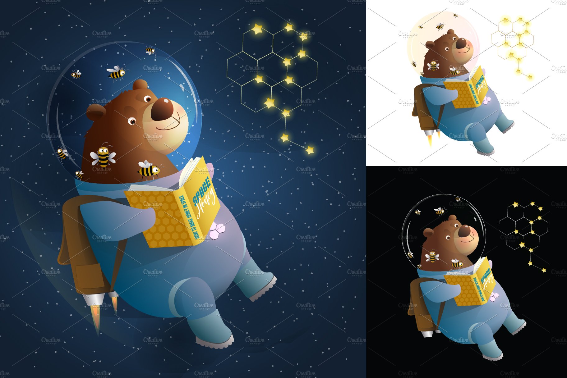 Bear and Bees Reading Book in Space preview image.