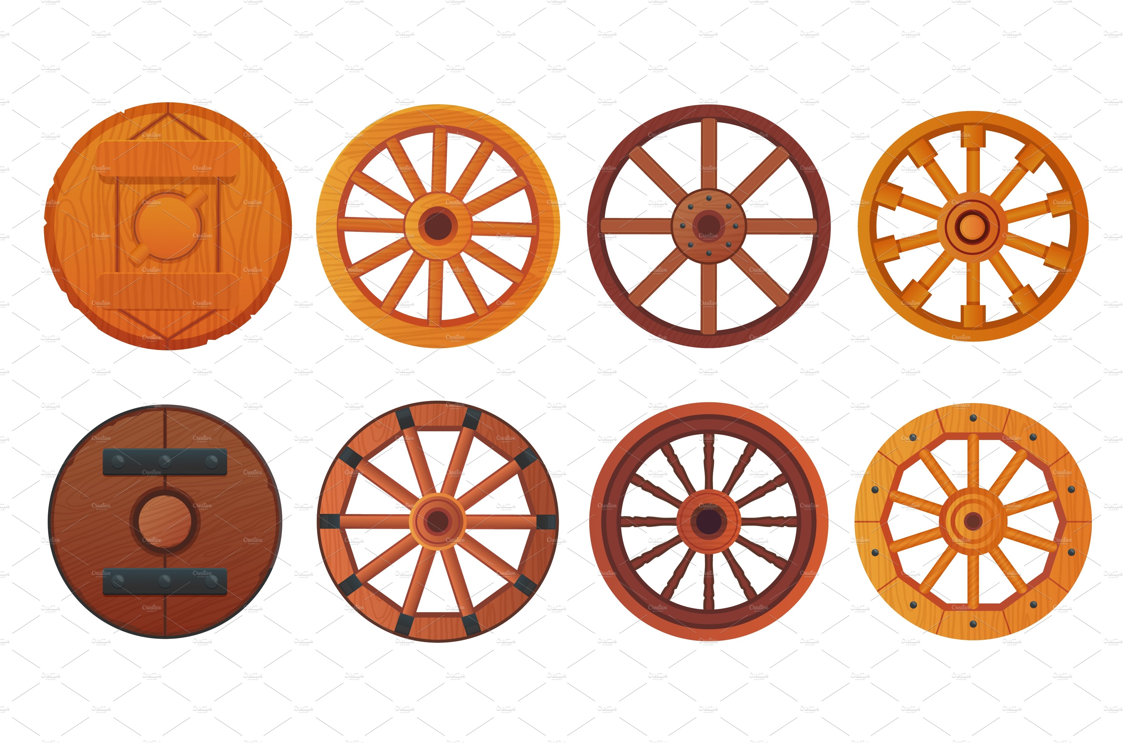 Wooden wheels. Cartoon wood wheel of cover image.