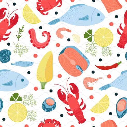 Seafood seamless pattern. Red black cover image.