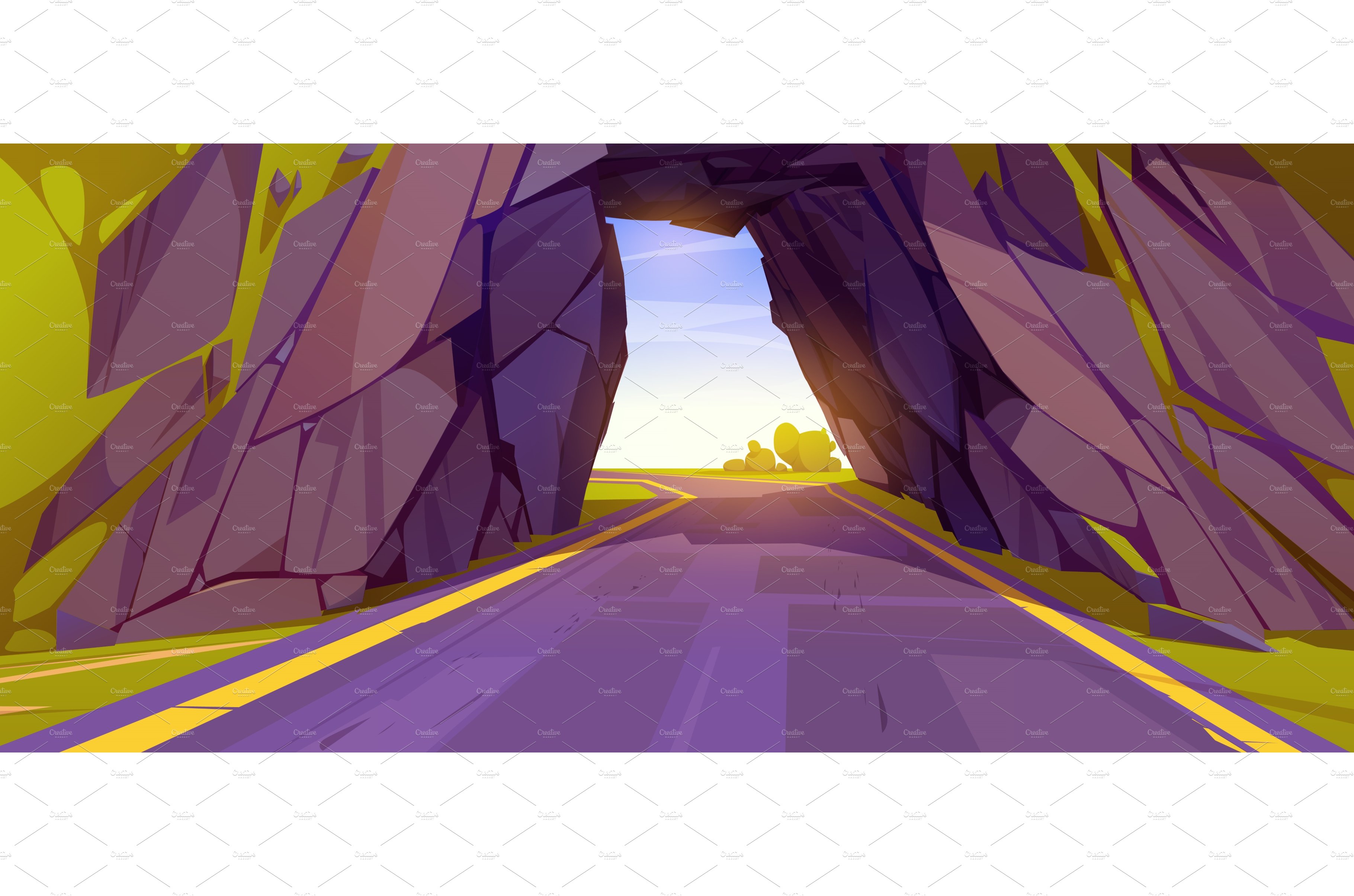 Cartoon road going through tunnel in cover image.