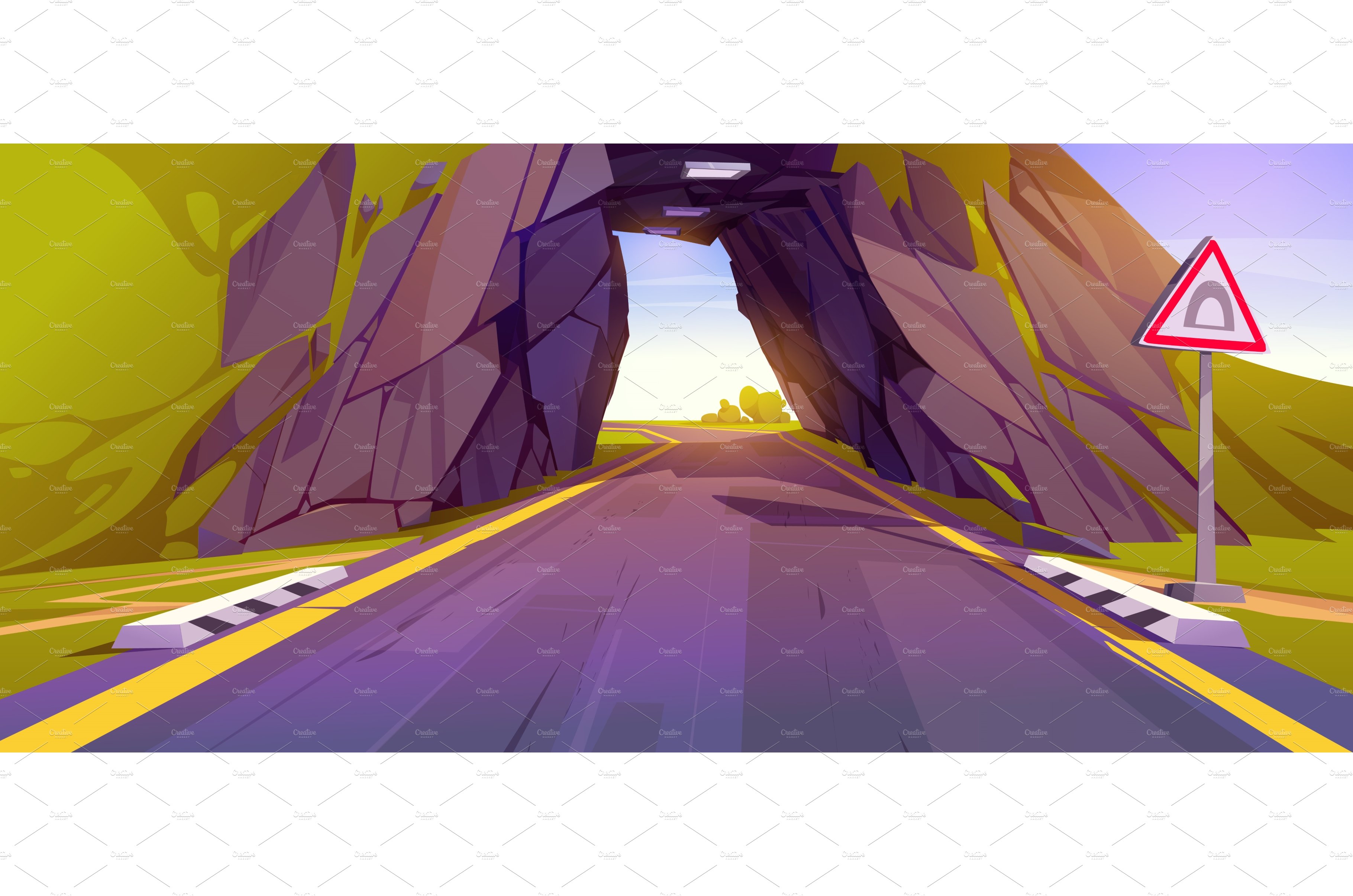 Cartoon road going through tunnel in cover image.