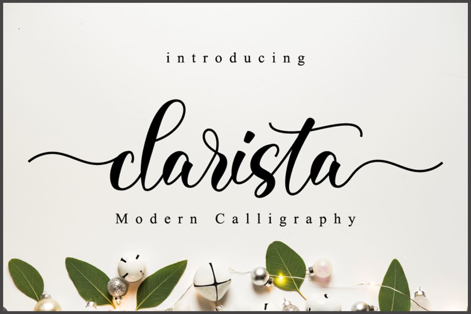 Black text Clarista on white background with decorative leaves and balloons.