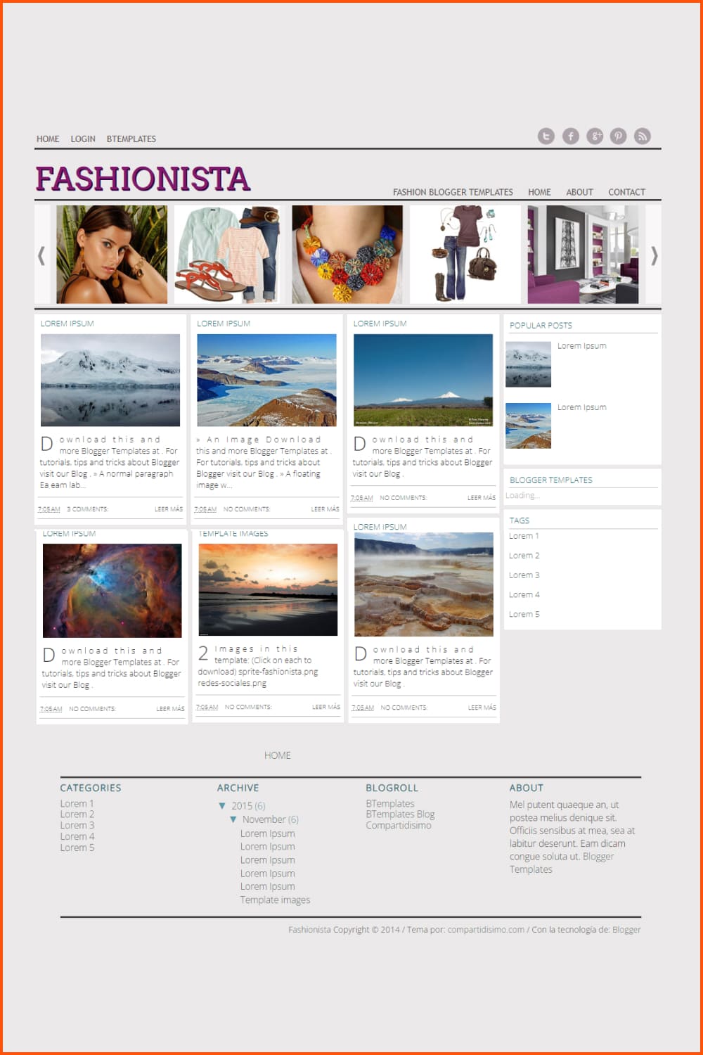 Screenshot of a template for a site in a chopped style and three columns of posts.