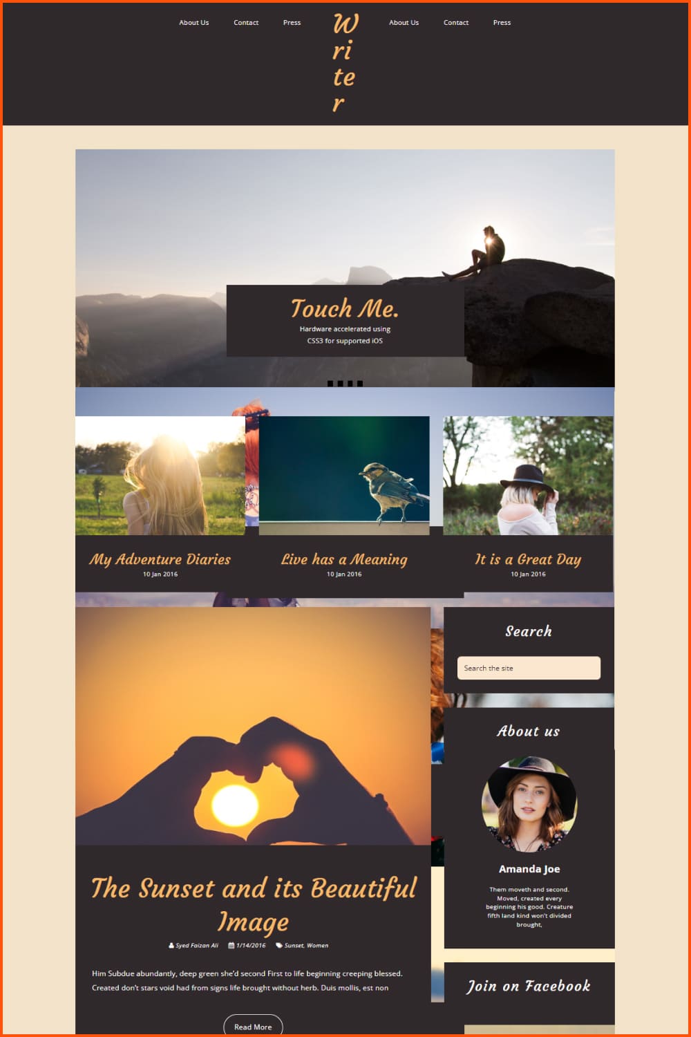 Screenshot of a website template with a slider and large post photos.
