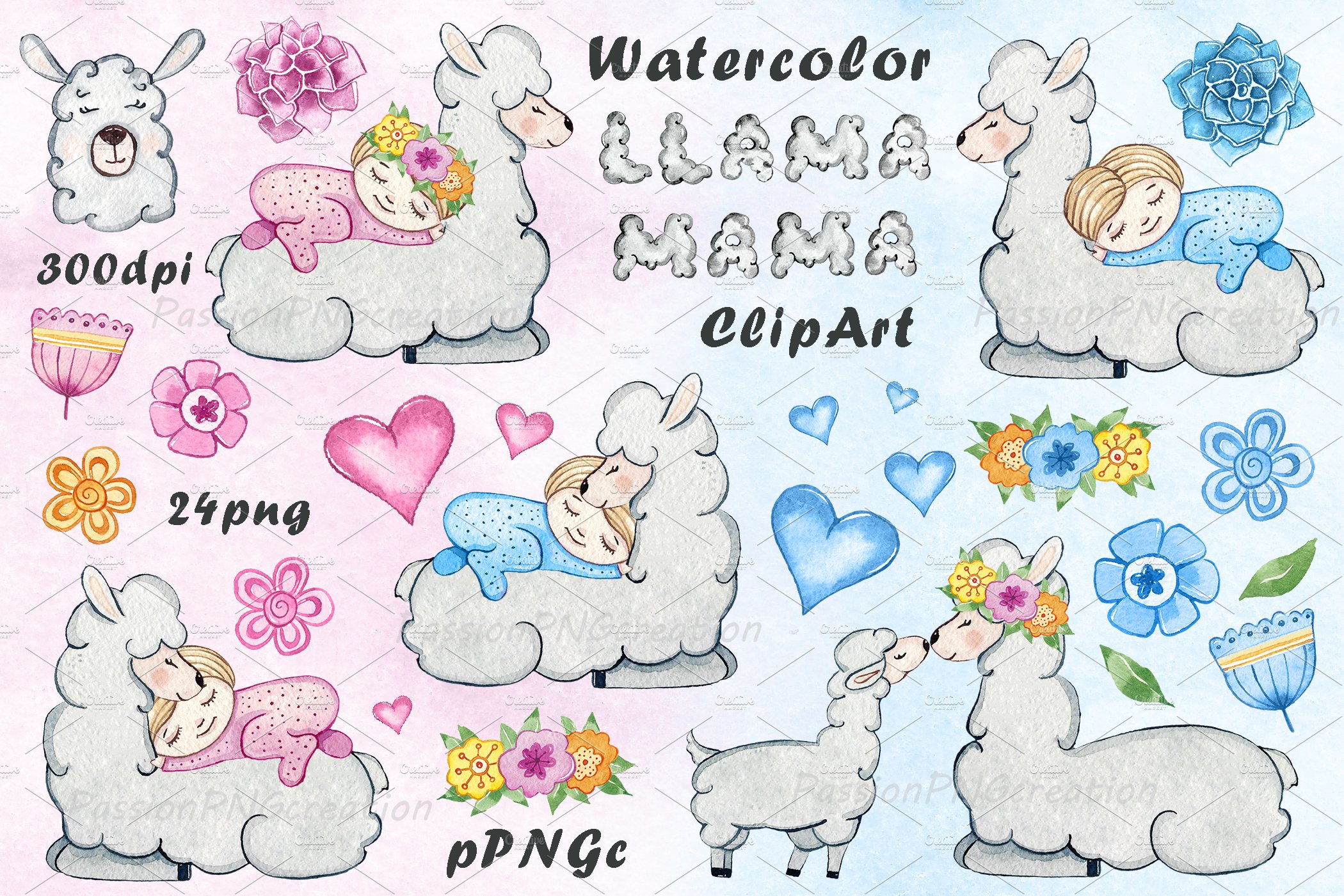 Watercolor Llama Mama Clipart cover image.