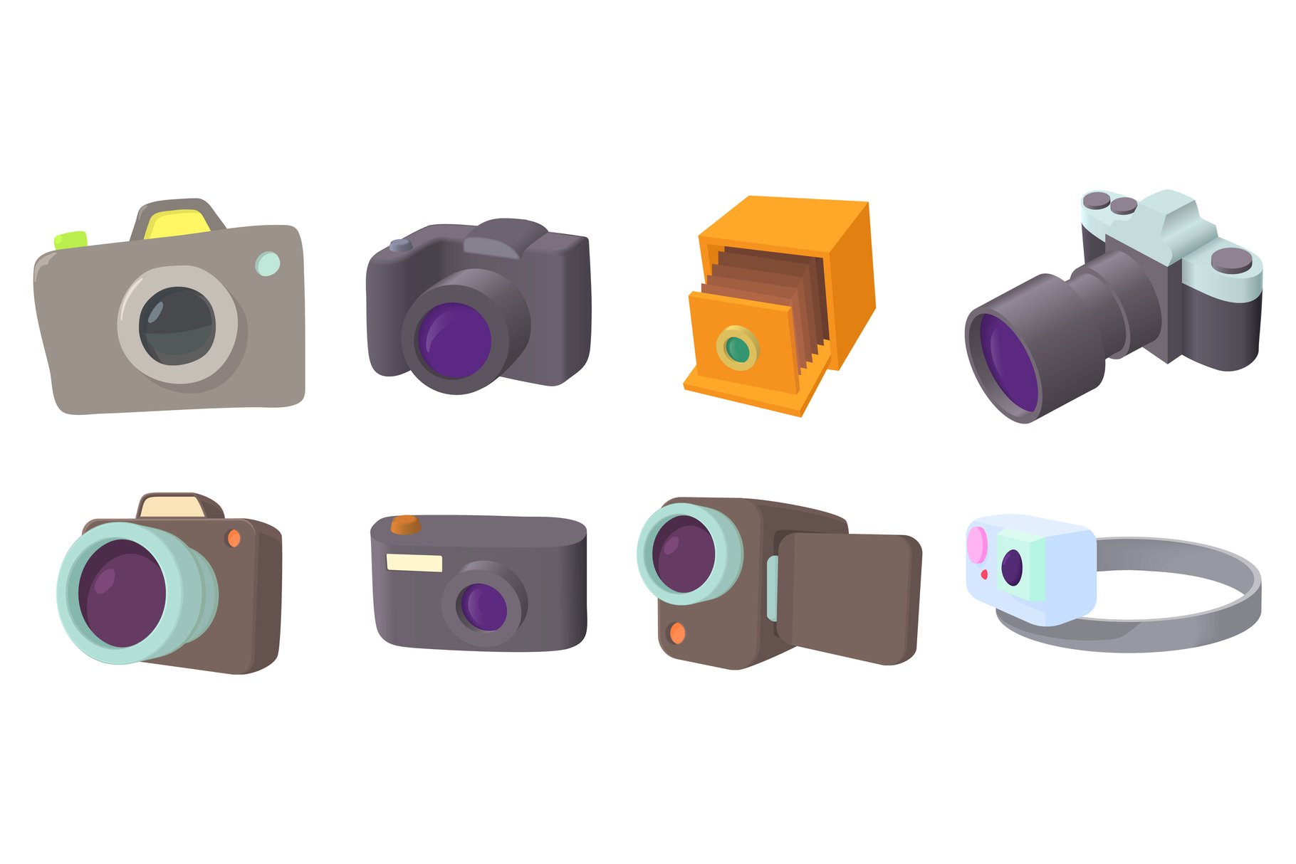 Camera icon set, cartoon style cover image.